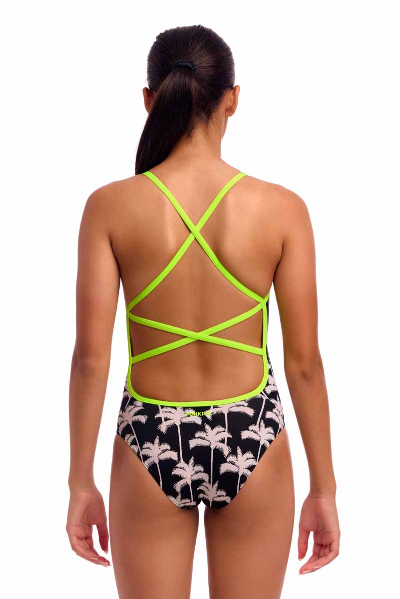Funkita Girls Palm Night Strapped In One Piece Swimsuit - Black/White/Fluo Yellow | Allens Of Kingsbury