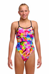 Funkita girls' single strap one-piece swimsuit with colorful multi design, suitable for active swimming and beach fun.