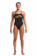 Funkita Ladies Bronzed Strapped In One Piece Swimsuit - Black/Bronze | Allens Of Kingsbury