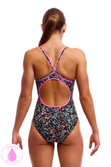 Funkita Ladies Copper Cluster Diamond Back One Piece Swimsuit in multi-color, featuring secure fit and stylish design for swimming.