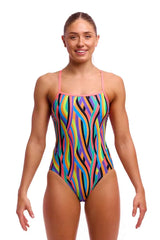 Funkita Ladies Curl Curl single strap one-piece swimsuit in multi-color with bold pattern, designed for comfortable swimming.