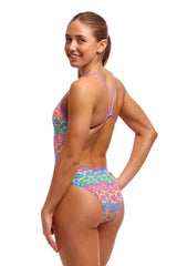 Funkita Ladies Jig Jag single strength one-piece swimsuit in multi-color pattern, designed for comfortable swimming and active wear.