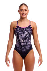 Funkita Ladies Power Shift Diamond Back One Piece Swimsuit in black and multi-color, designed for comfortable swimming.