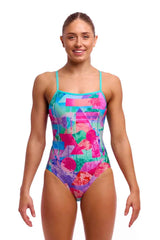 Funkita Ladies Snap That single strap one-piece swimsuit in vibrant multi-color design, featuring a sleek, sporty fit for swimming.