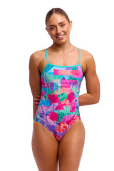 Funkita Ladies Snap That single strap one-piece swimsuit in vibrant multi-color design, featuring a sleek fit and sporty style.