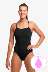 Black Funkita Ladies Still Swim Secure One Piece Swimsuit displayed on a model, designed for comfortable and secure swimming.