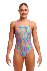 Funkita Ladies Swirly Straws Strapped In One Piece Swimsuit in multi-color with vibrant swirl pattern, designed for swimming and water activities