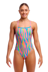 Funkita Ladies Swirly Straws Strapped In One Piece Swimsuit in multi-color with vibrant swirl pattern, designed for swimming and water activities