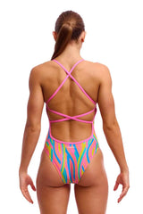 Funkita Ladies Swirly Straws Strapped In One Piece Swimsuit in multi-color, featuring a vibrant, patterned design for swimming and beach wear.