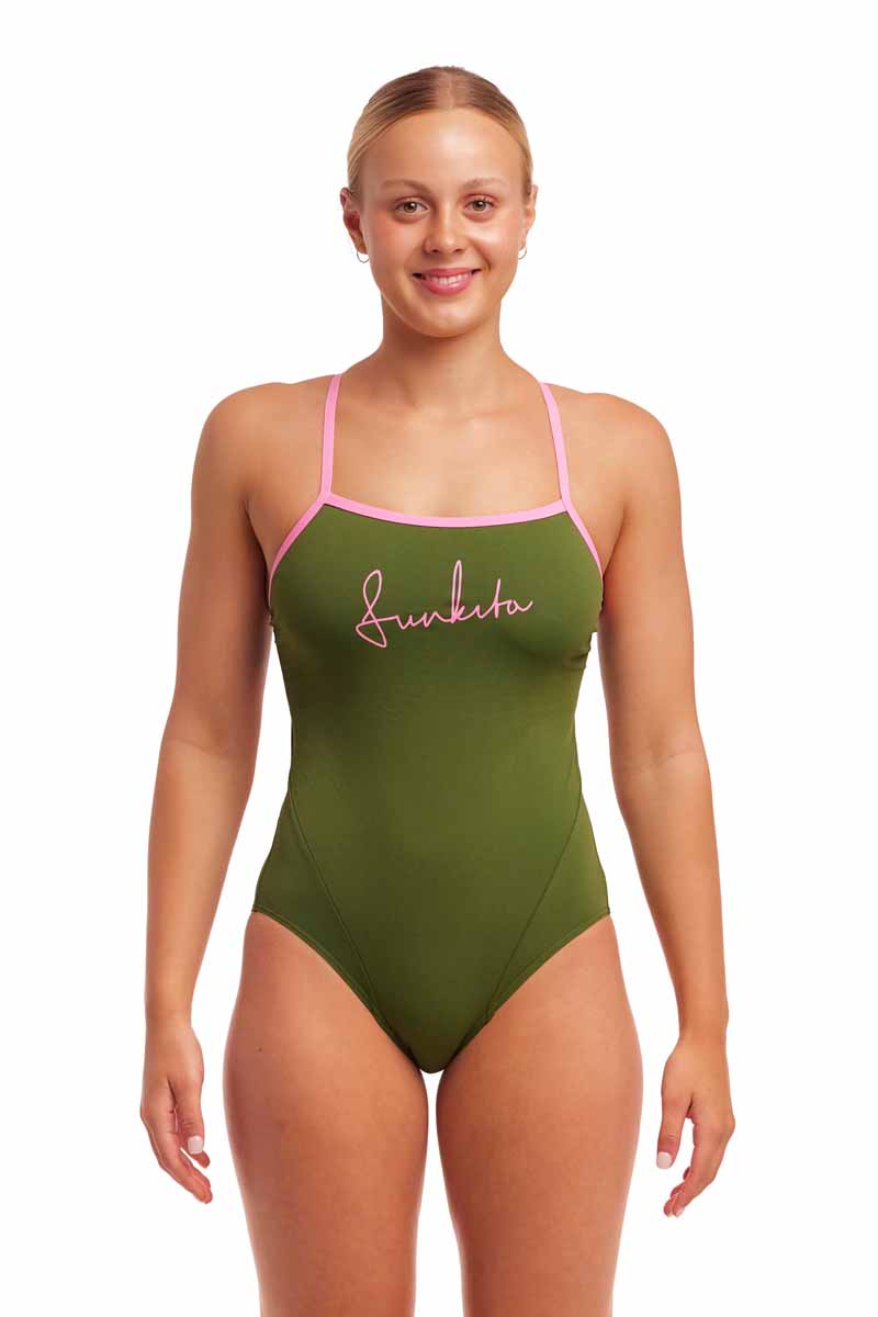 Funkita Ladies Glamo Camo Single Strap One Piece Swimsuit - Green/Pink | Allens Of Kingsbury