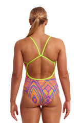 Funkita Ladies Sound Stopper single strap one-piece swimsuit in vibrant multi-color design, perfect for swimming and water activities.