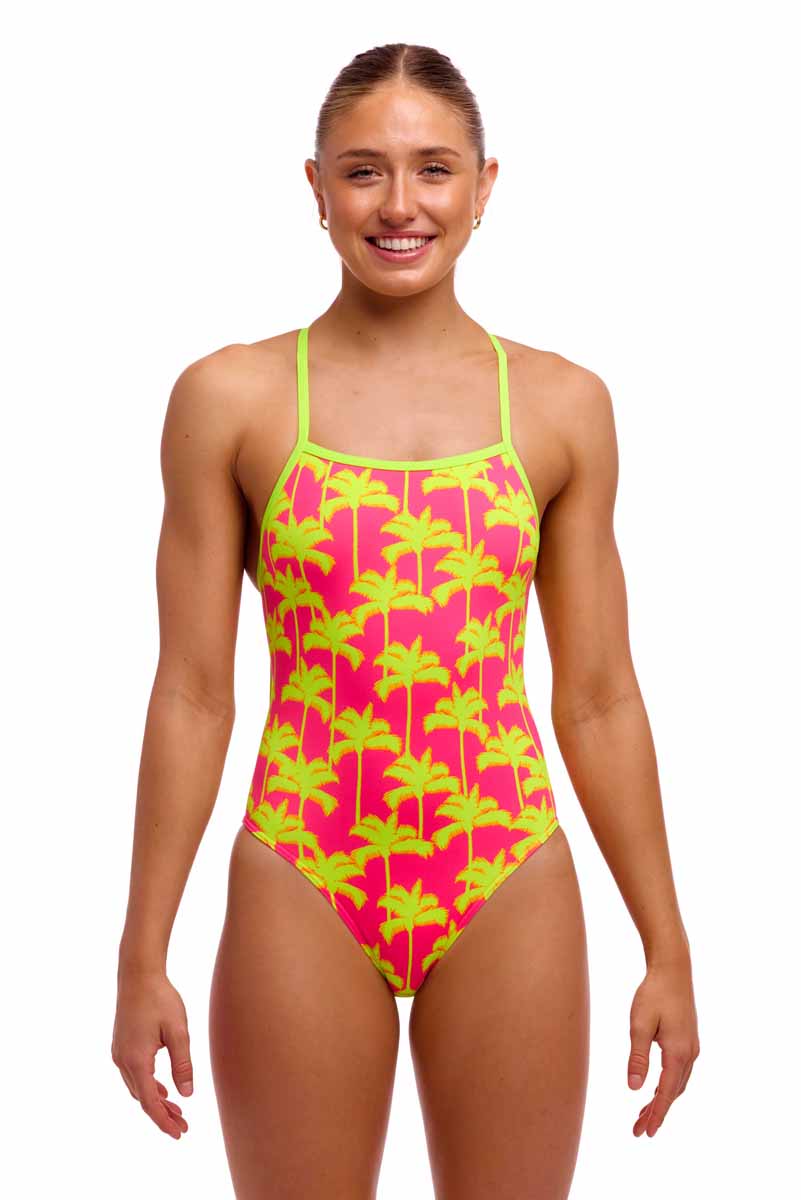 Funkita Ladies Sweet Coconuts Tie Me Tight One Piece Swimsuit - Pink/Fluo Yellow | Allens Of Kingsbury
