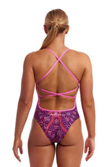 Funkita Ladies Walk Together pink and multi-colored one-piece swimsuit with strap details, designed for comfortable swimming.