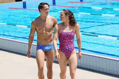 Funkita Ladies Walk Together Strapped In One Piece Swimsuit in pink and multi-colored design, featuring supportive straps and sleek fit.