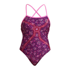 Funkita Ladies Walk Together Strapped In One Piece Swimsuit in pink and multi-color, featuring a supportive strap design for swimming.