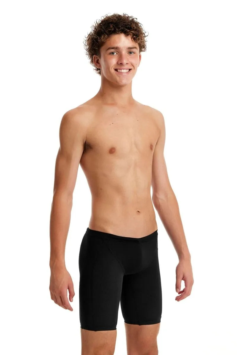 Funky Trunks boys' black training jammers, snug fit, stretchy fabric, designed for swimming and athletic activities.