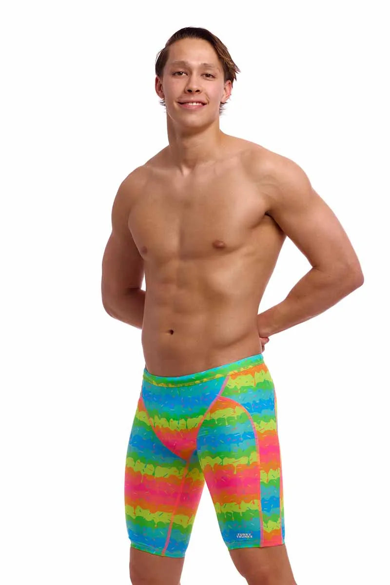 Funky Trunks men's Melting Mayhem training jammer in multi-color design, made for competitive swimming and water sports.