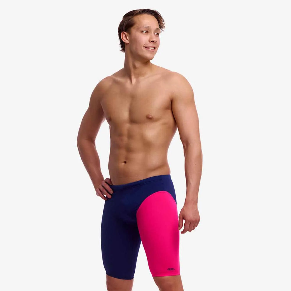 Funky Trunks men's Tidal Blast fast training jammers in navy and pink, designed for competitive swim training.