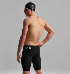 Funky Trunks men's black Attack Apex Viper jammer swimwear, close-up view of the sleek black swim jammers with brand logo.