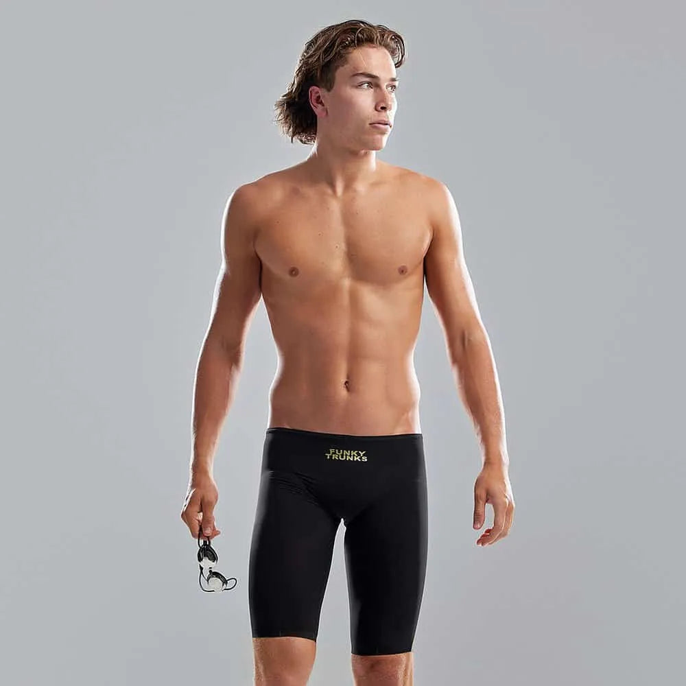 Funky Trunks men's Still Black Apex Predator X jammer swimwear, black with sleek design, designed for competitive swimming.