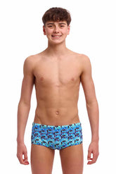 Funky Trunks boys Jack Stack Sidewinder trunks in blue and multi-color with a vibrant, patterned design and comfortable fit.