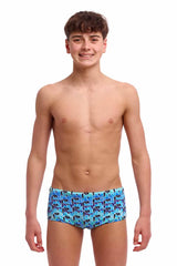 Funky Trunks boys Jack Stack Sidewinder trunks in blue and multi-color with a vibrant, patterned design and comfortable fit.