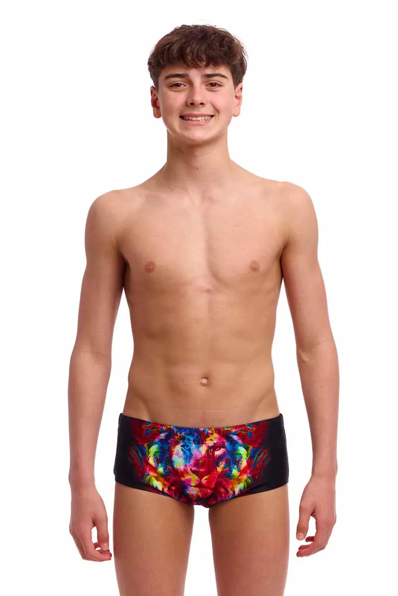 Funky Trunks Boys Pride Alive Sidewinder Trunks in vibrant multi-color design, featuring bold patterns and sporty fit.