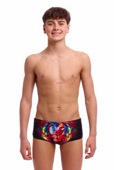 Funky Trunks Boys Pride Alive Sidewinder Trunks in vibrant multi-color design, featuring bold patterns and sporty fit.