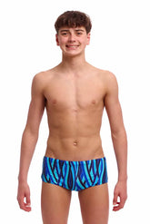 Funky Trunks Boys Snork City Sidewinder trunks in blue and multi, featuring colorful tropical patterns, swim trunks for boys.