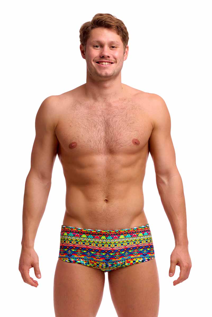Funky Trunks men's Packed Up Sidewinder trunk in multi-color with bold patterns, designed for comfort and style.