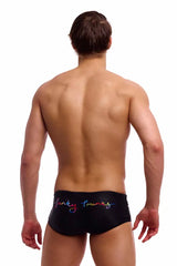Funky Trunks men's Pride Alive Sidewinder trunks in vibrant multicolor with bold patterns, designed for comfort and style.