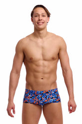 Funky Trunks men's Leaf Blower Classic Trunks in multi-color with leaf pattern, made from quick-drying stretch fabric.