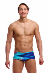 Funky Trunks men's Storm At Sea classic trunks in multi-color with ocean wave pattern, shown on a white background.