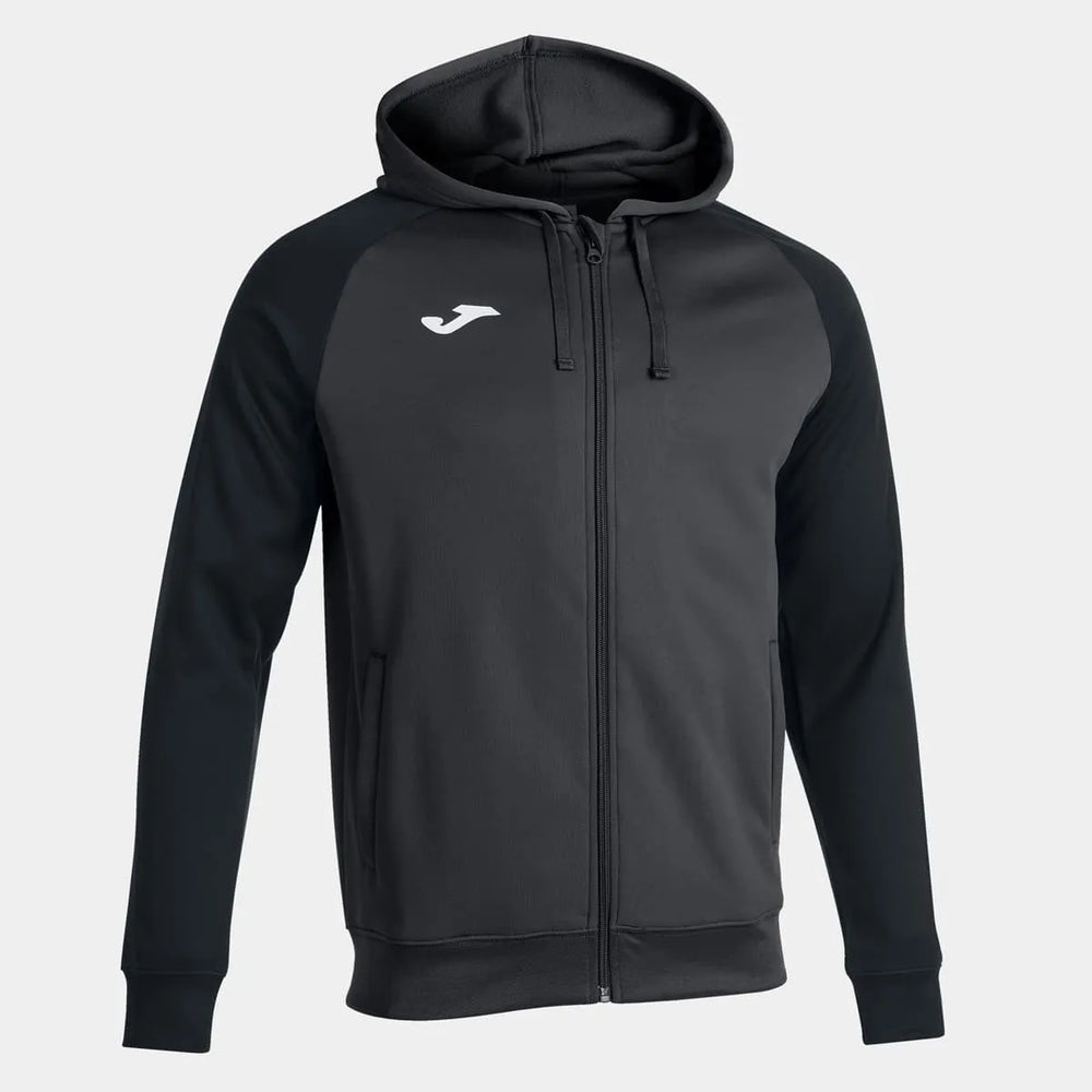 Joma men's Academy IV hoodie jacket in anthracite and black, featuring a front zip, hood, and casual fit.