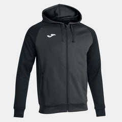 Joma men's Academy IV hoodie jacket in anthracite and black, featuring a front zip, hood, and casual fit.