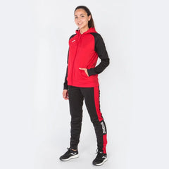 Joma Women's Academy IV zip-up hoodie in red and black, with a front zipper and hood, casual jacket for activewear or everyday wear.