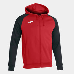 Red and black Joma Boys Academy IV hoodie jacket, casual athletic style, shown on a young boy model.