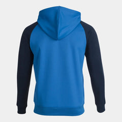 Joma Boys Academy IV hoodie jacket in royal and navy, shown in a close-up image of the blue and navy hoodie with front zipper.