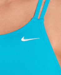 Nike women's poly solid spider back one-piece swimsuit in energy color, showcasing the sleek design and comfortable fit.