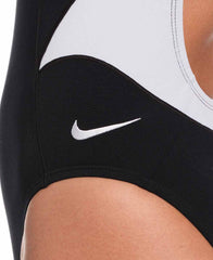 Nike women's Hydrastrong team colorblock racerback one-piece swimsuit in black and white, featuring a sleek, sporty design.