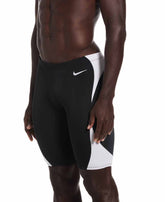 Nike men's Hydrastrong team colorblock jammer in black and white, featuring a sleek, fitted swim jammer design for competitive swimming.