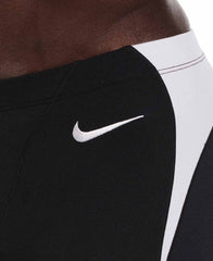 Nike men's Hydrastrong team colorblock jammer in black and white, featuring a sleek, fitted swimwear design with Nike branding.