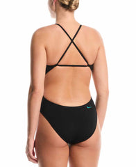 Nike women's Hydrastrong logo graphic black one-piece swimsuit with adjustable crossback and cursive design, ideal for swimming.
