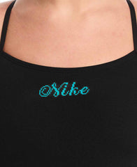 Nike Women's Hydrastrong logo graphic black one-piece swimsuit with adjustable crossback and cursive design.