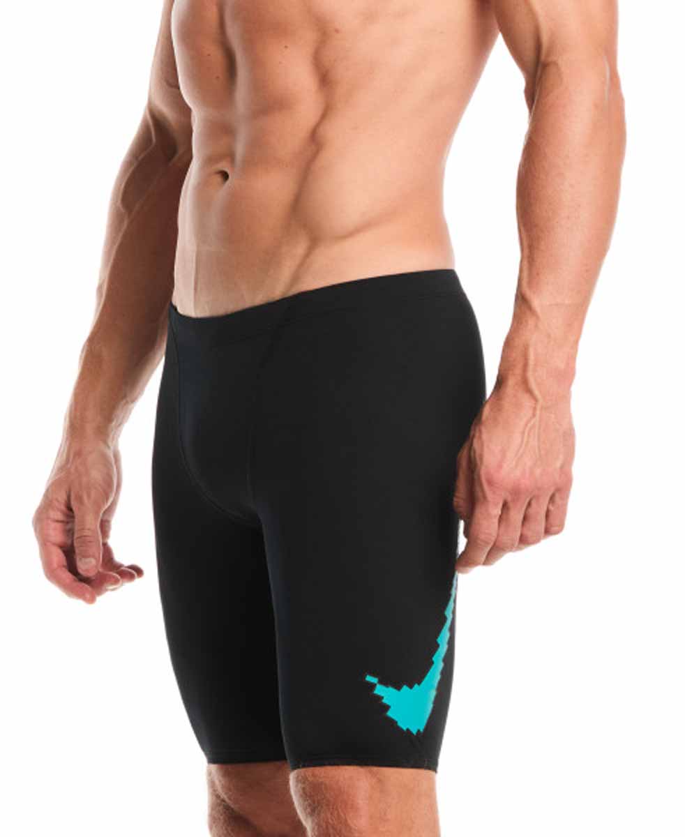 Nike men's Hydrastrong graphic jammer in jet black and energy colors, showcasing a sleek swimwear design with vibrant print.