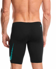 Nike men's Hydrastrong Graphic Jammer in Jet Black and Energy, featuring a sleek design and athletic fit for swimming.