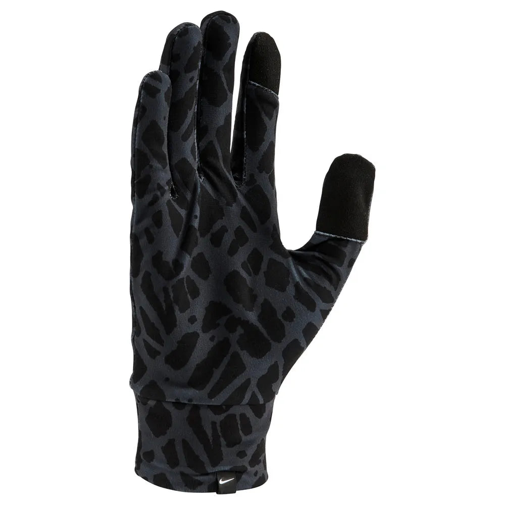 Black Nike men's lightweight tech running gloves with printed design, ideal for outdoor exercise and cold weather.