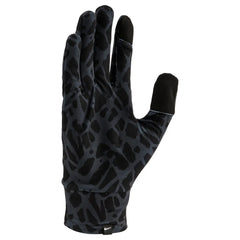 Black Nike men's lightweight tech running gloves with printed design, ideal for outdoor exercise and cold weather.
