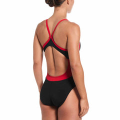 Nike Hydrastrong team colorblock racerback one-piece swimsuit in black and university red, with sleek athletic design and supportive fit.