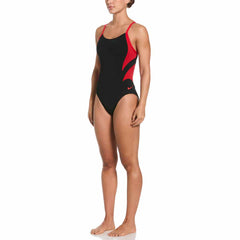 Nike Hydrastrong team colorblock racerback one-piece swimsuit in black and university red, featuring a sporty design for swimming activities.